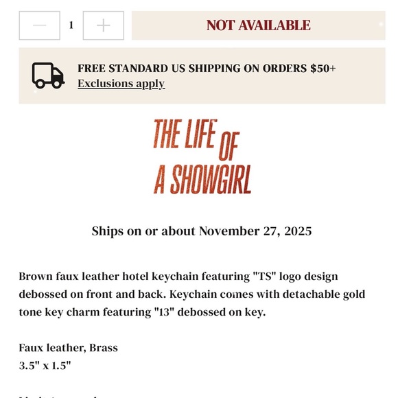 Taylor Swift The Life of a Showgirl Faux Hotel Key Keychain - Picture 5 of 5